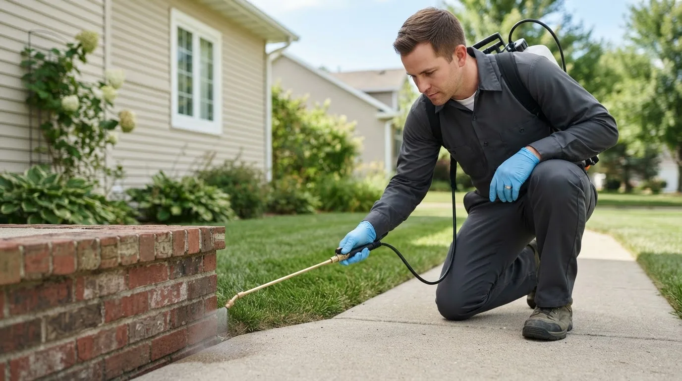 Pest control technician treating a home near Berea, OH